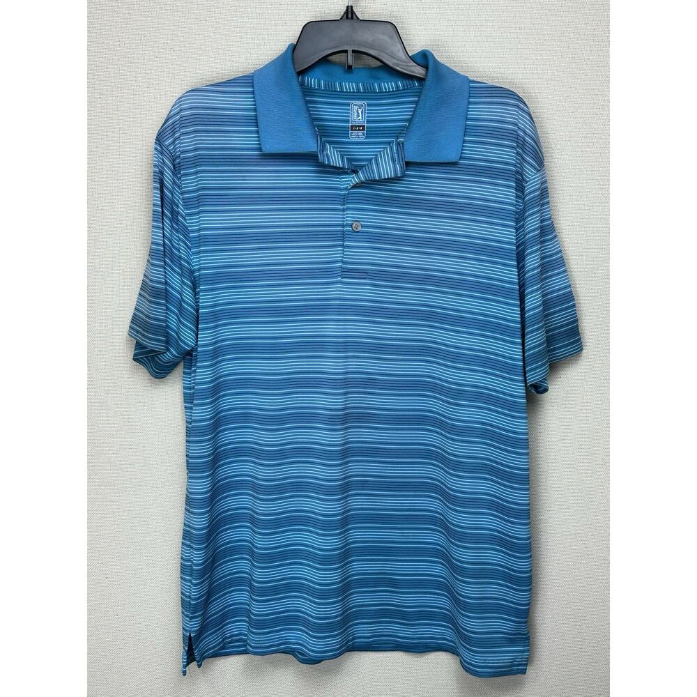 PGA Tour Men's Golf Polo Shirt Size Large Blue White Striped Short Sleeve